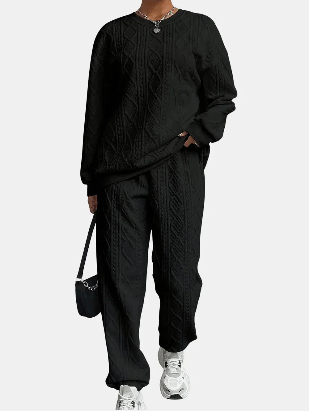 Texture Round Neck Top and Pants Set - VILLA FASHION