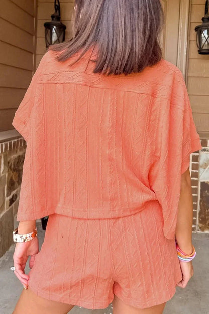 Texture Short Sleeve Top and Shorts Set - VILLA FASHION