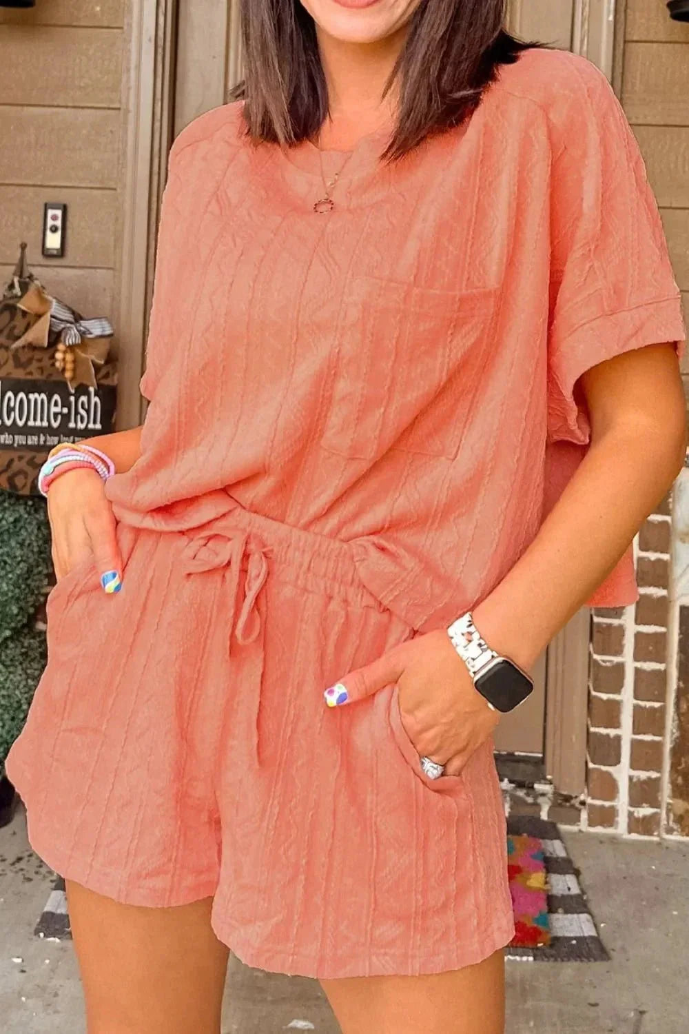 Texture Short Sleeve Top and Shorts Set - VILLA FASHION