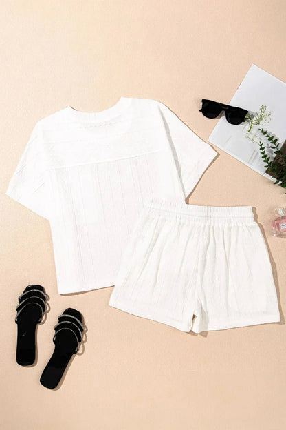 Texture Short Sleeve Top and Shorts Set - VILLA FASHION