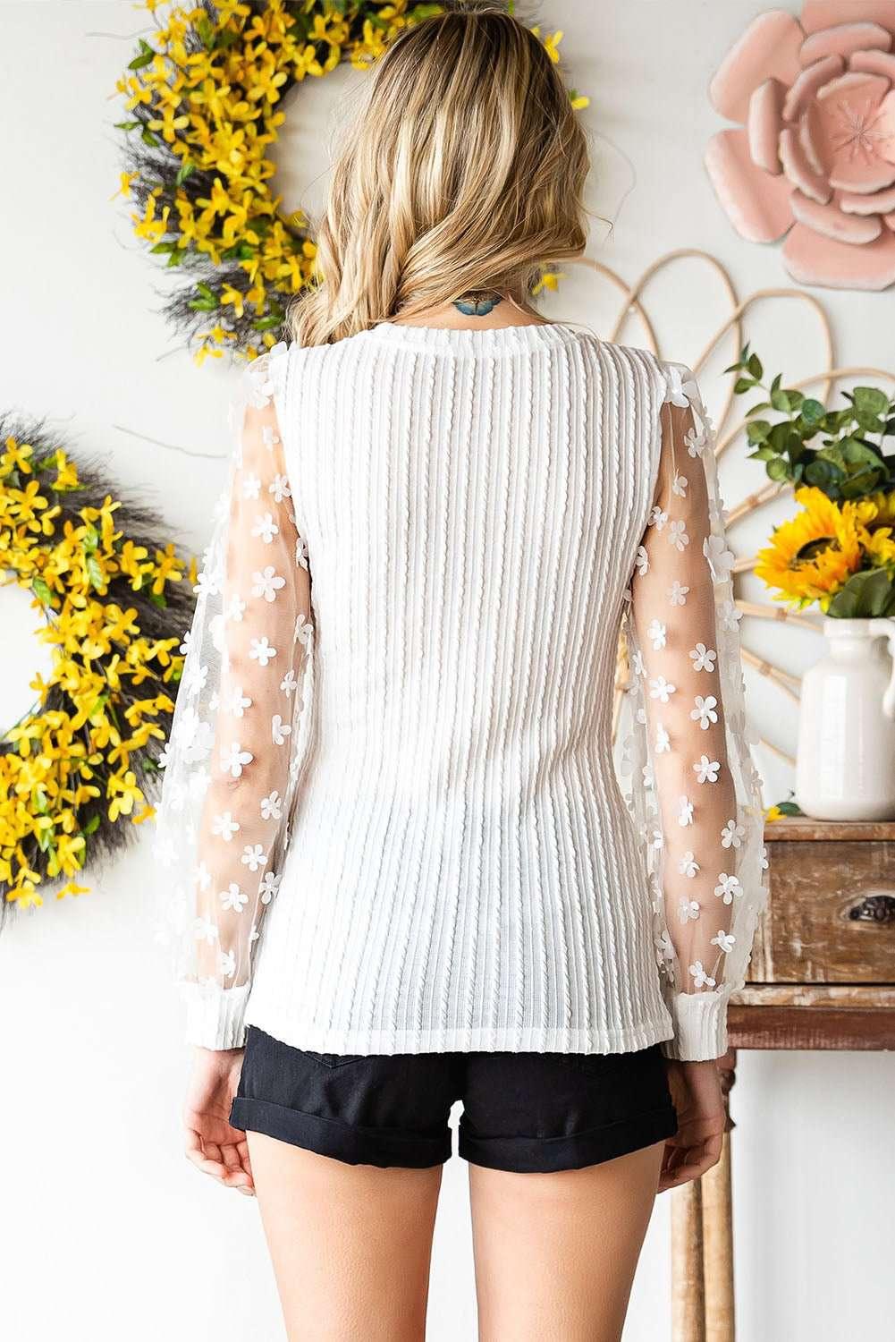 Textured Applique Long Sleeve Blouse - VILLA FASHION
