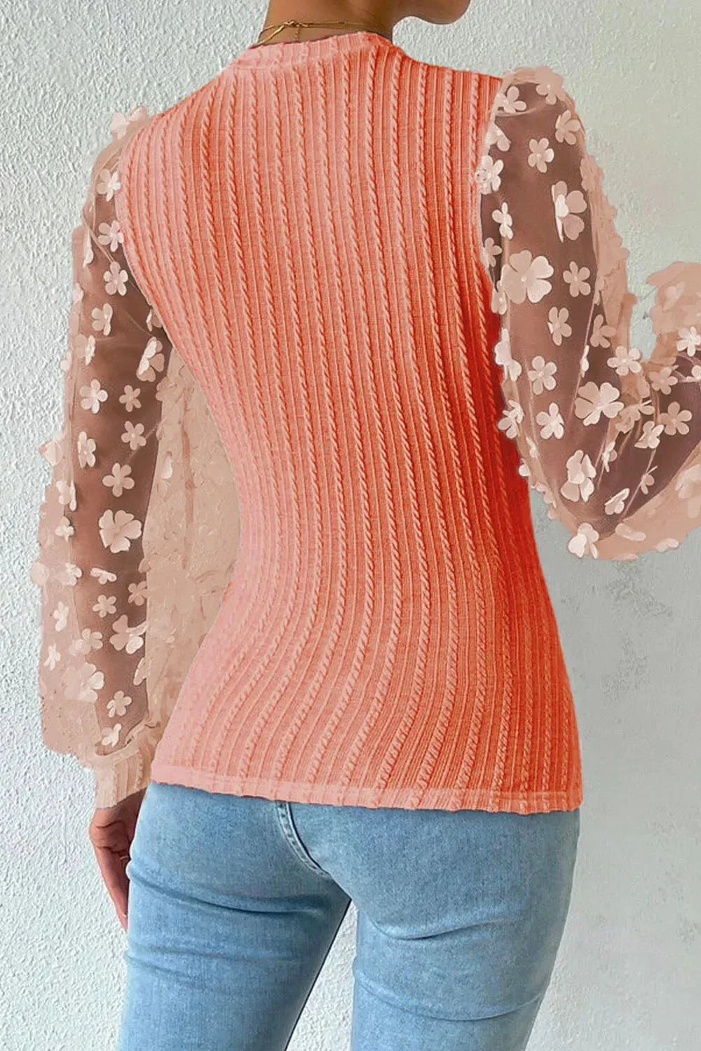 Textured Applique Long Sleeve Blouse - VILLA FASHION