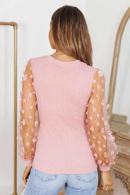 Textured Applique Long Sleeve Blouse - VILLA FASHION