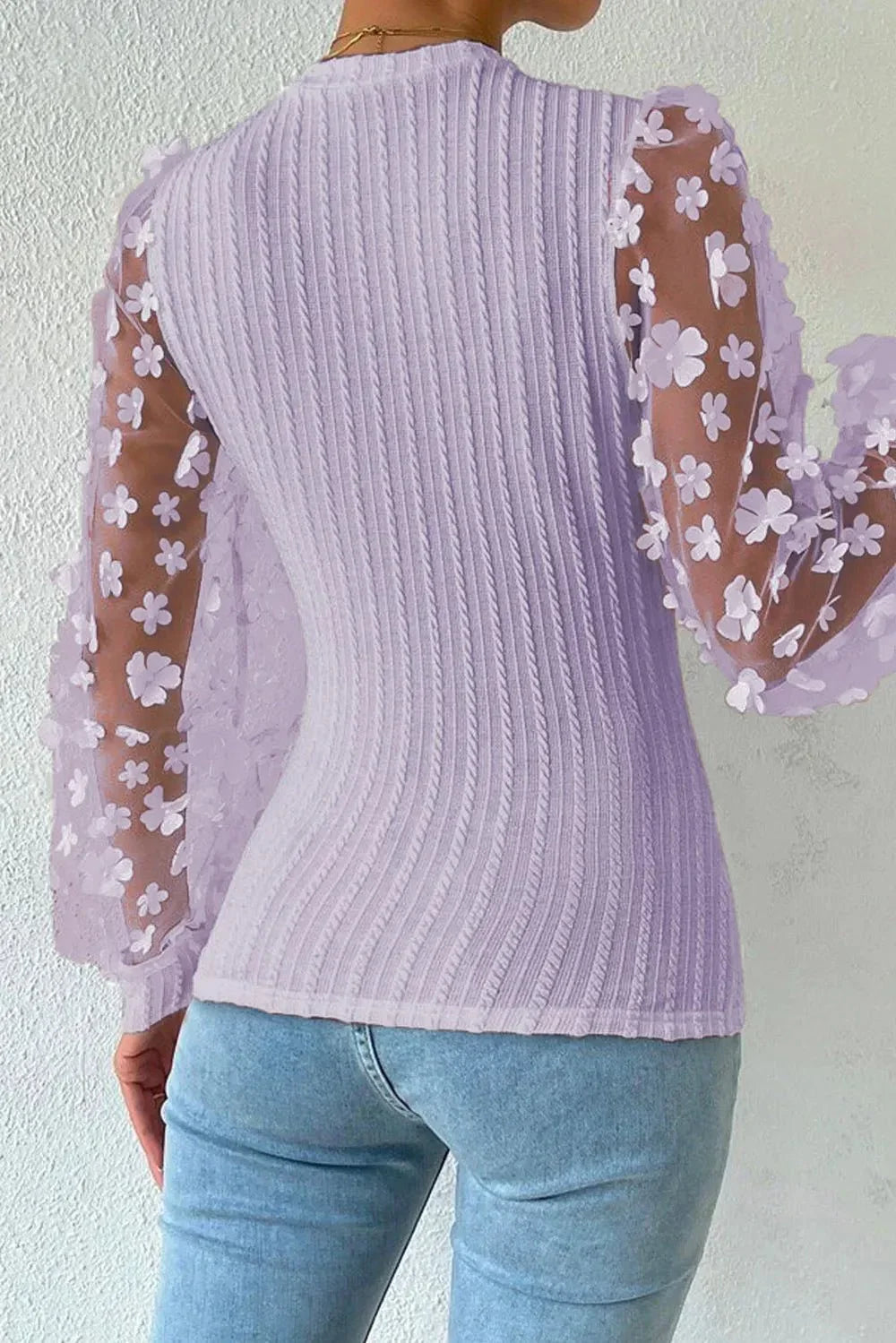 Textured Applique Long Sleeve Blouse - VILLA FASHION