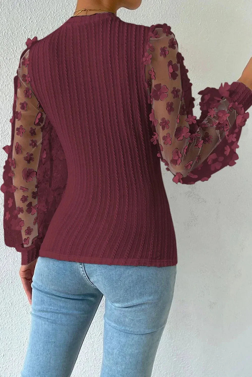 Textured Applique Long Sleeve Blouse - VILLA FASHION