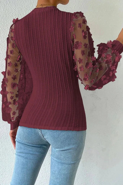 Textured Applique Long Sleeve Blouse - VILLA FASHION