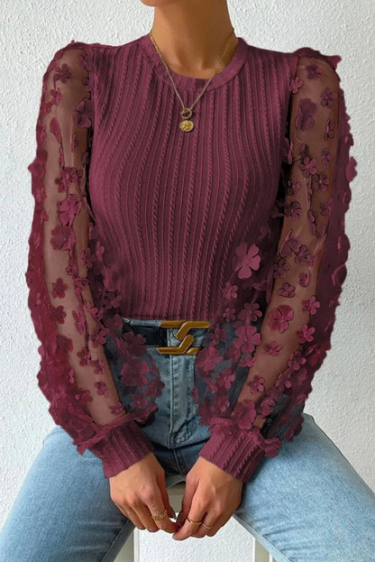 Textured Applique Long Sleeve Blouse - VILLA FASHION