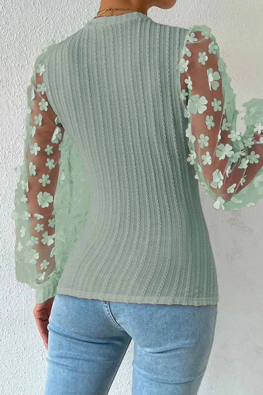 Textured Applique Long Sleeve Blouse - VILLA FASHION