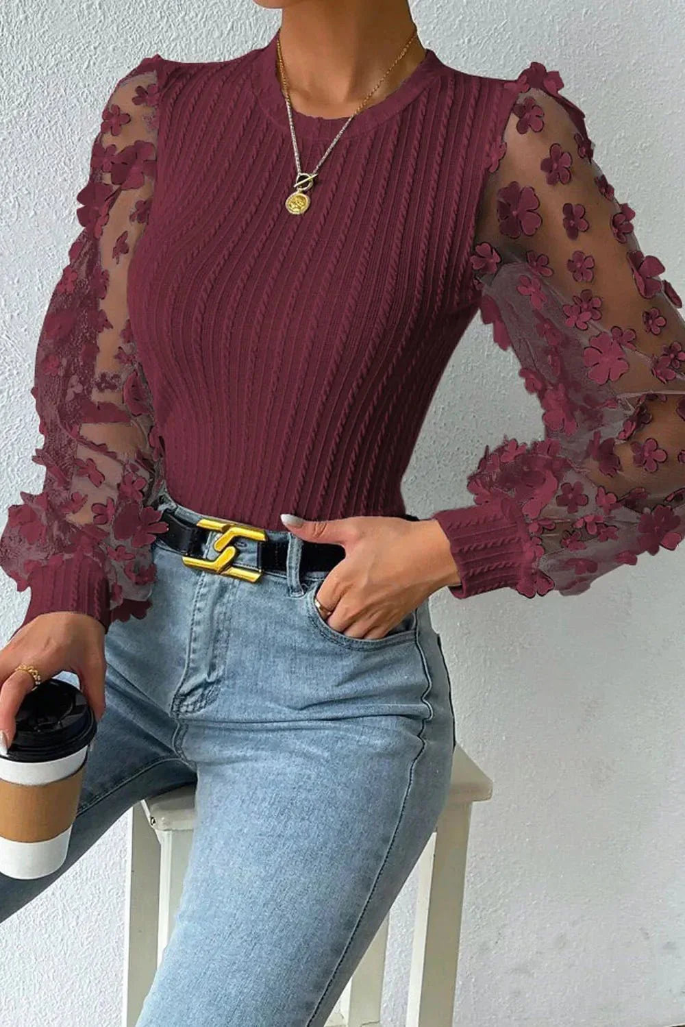 Textured Applique Long Sleeve Blouse - VILLA FASHION