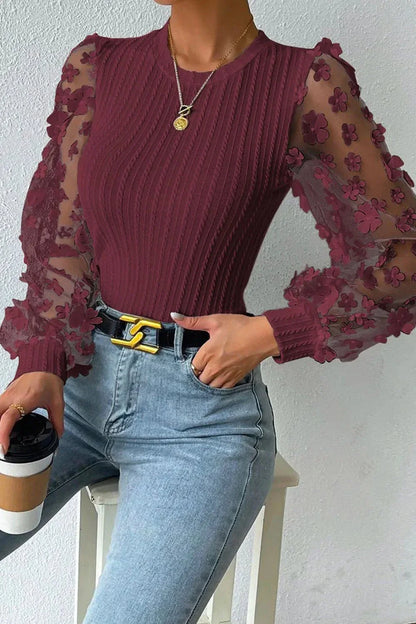 Textured Applique Long Sleeve Blouse - VILLA FASHION