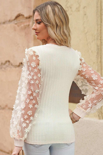 Textured Applique Long Sleeve Blouse - VILLA FASHION