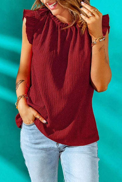 Textured Flutter Sleeve Frill Neck Blouse - VILLA FASHION
