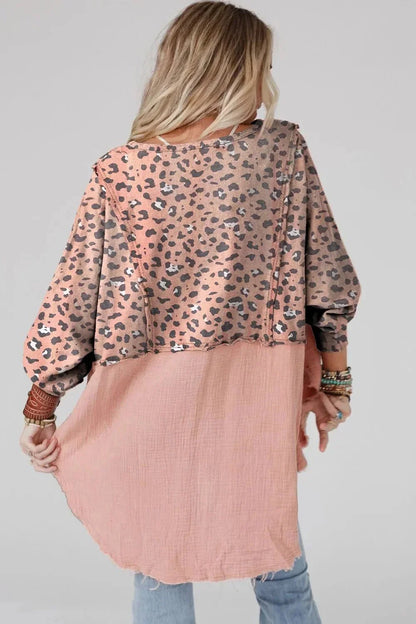 Textured Leopard Dropped Shoulder Blouse - VILLA FASHION