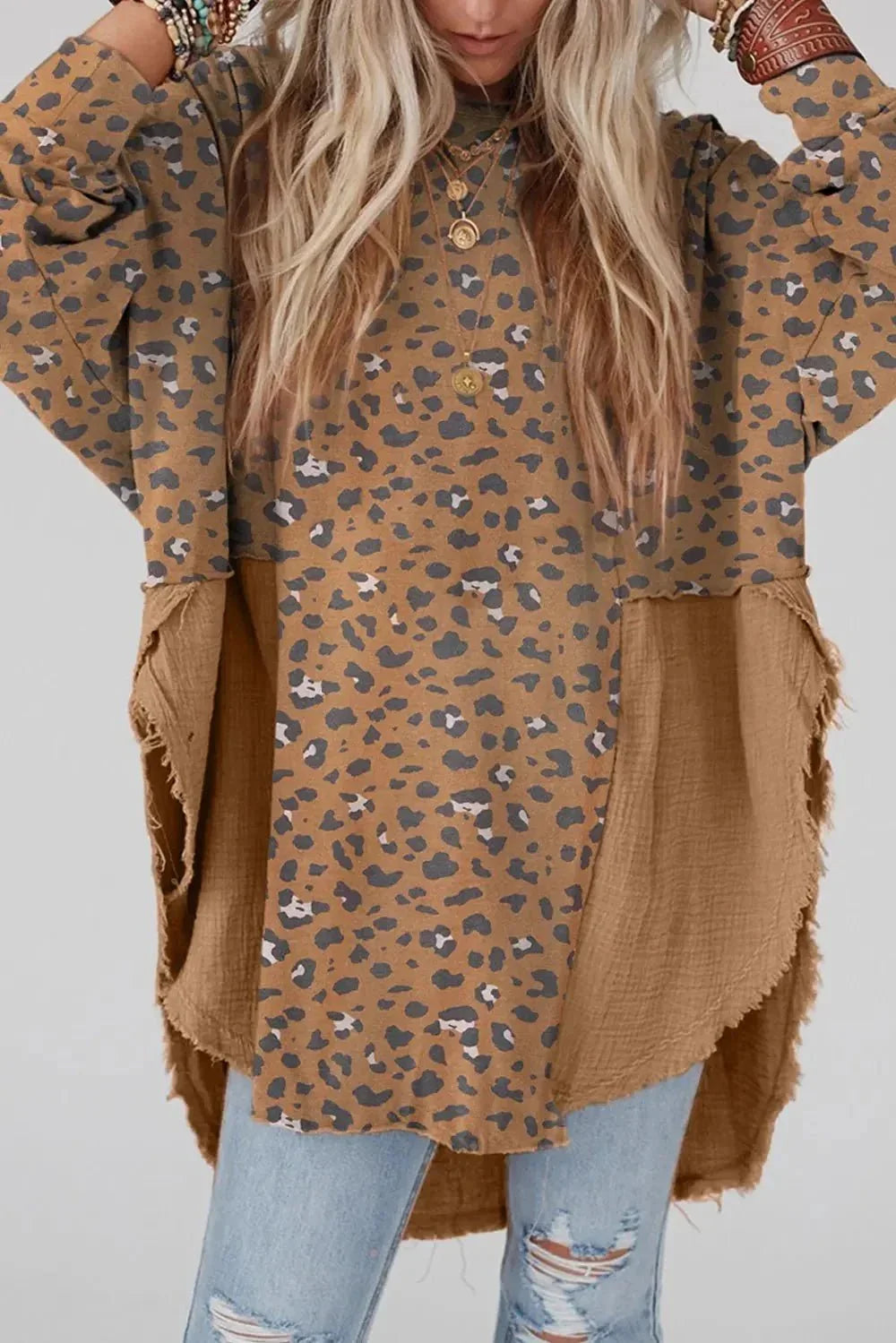 Textured Leopard Dropped Shoulder Blouse - VILLA FASHION