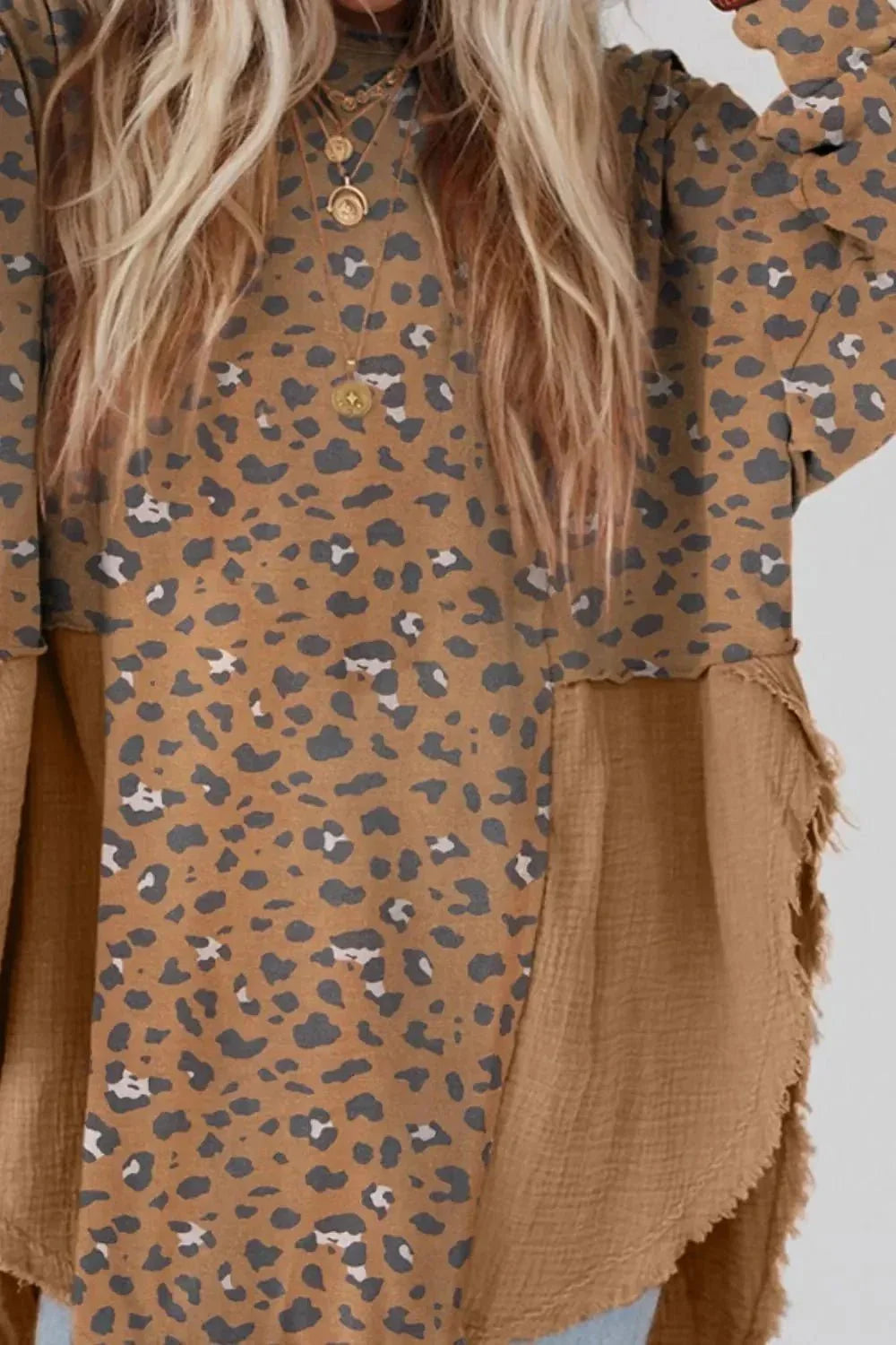 Textured Leopard Dropped Shoulder Blouse - VILLA FASHION