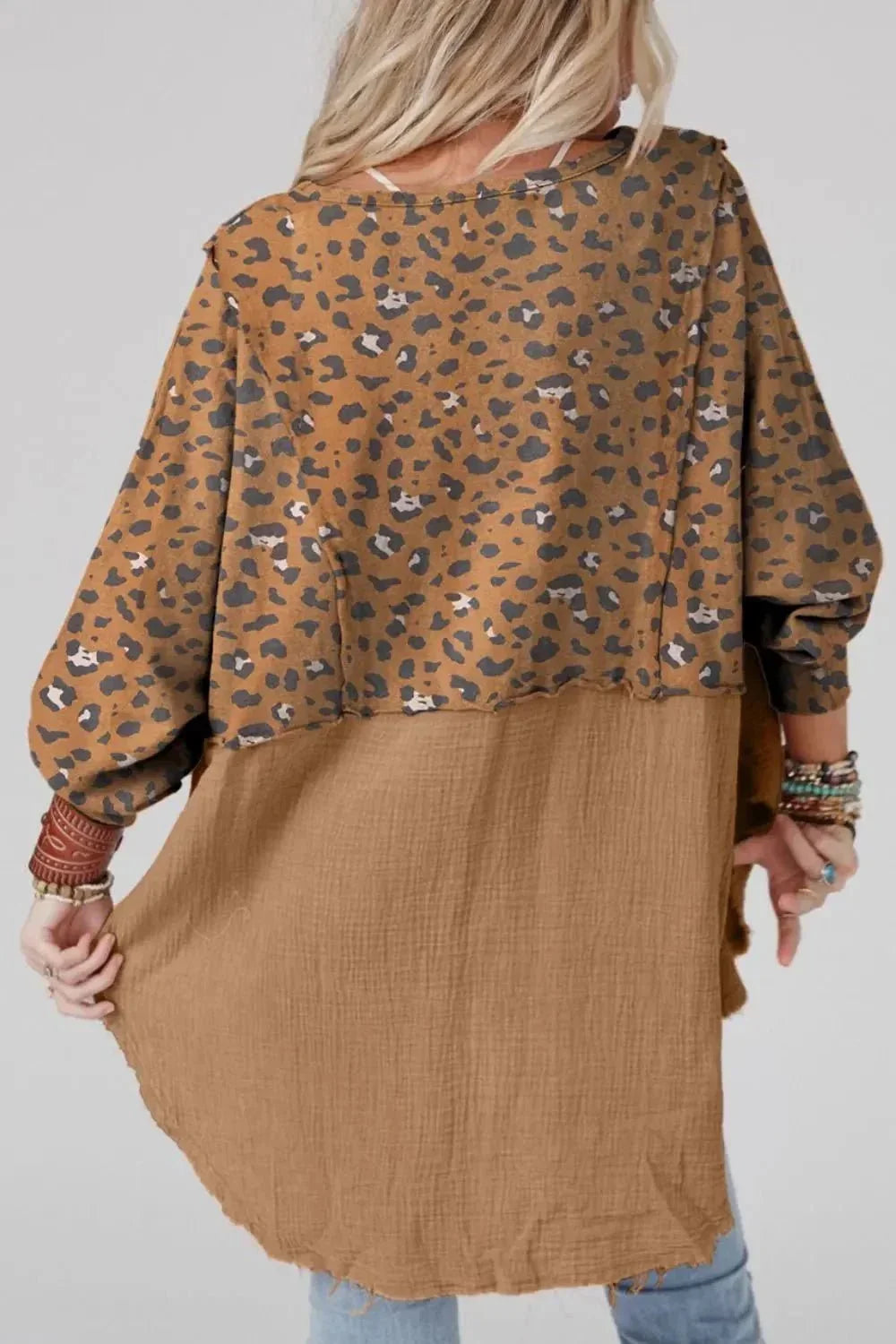 Textured Leopard Dropped Shoulder Blouse - VILLA FASHION