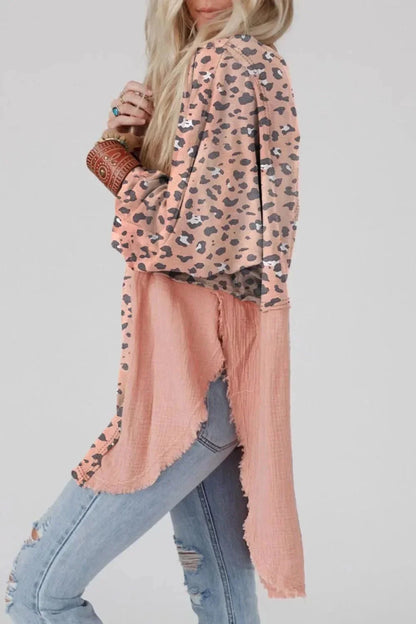 Textured Leopard Dropped Shoulder Blouse - VILLA FASHION