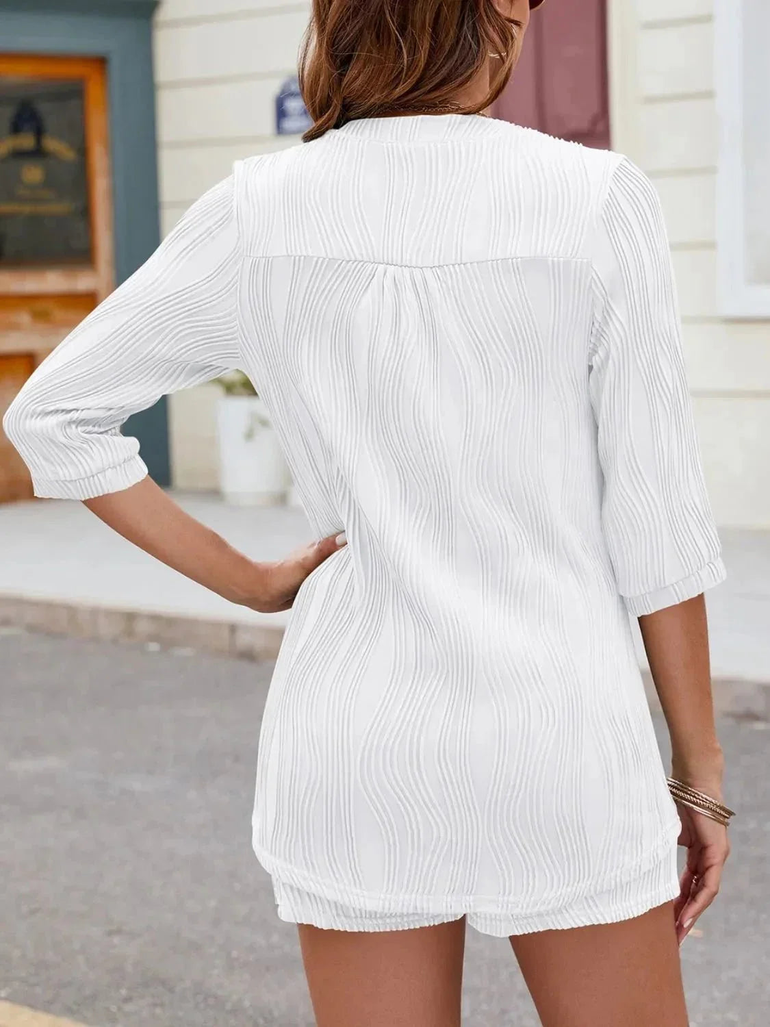 Textured Notched Top and Drawstring Shorts Set - VILLA FASHION