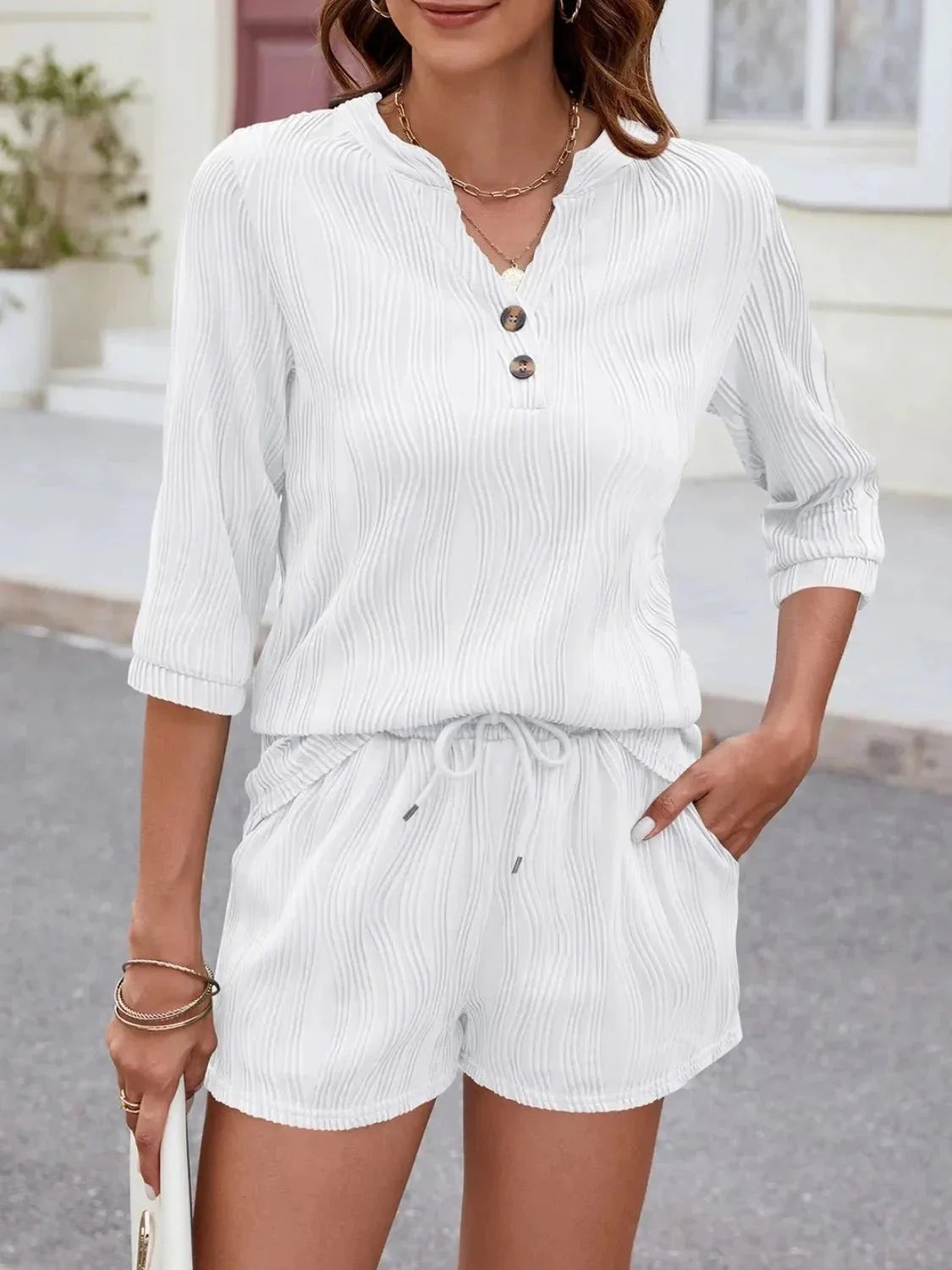 Textured Notched Top and Drawstring Shorts Set - VILLA FASHION