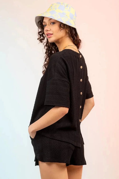 Textured Round Neck Top and Shorts Set - VILLA FASHION