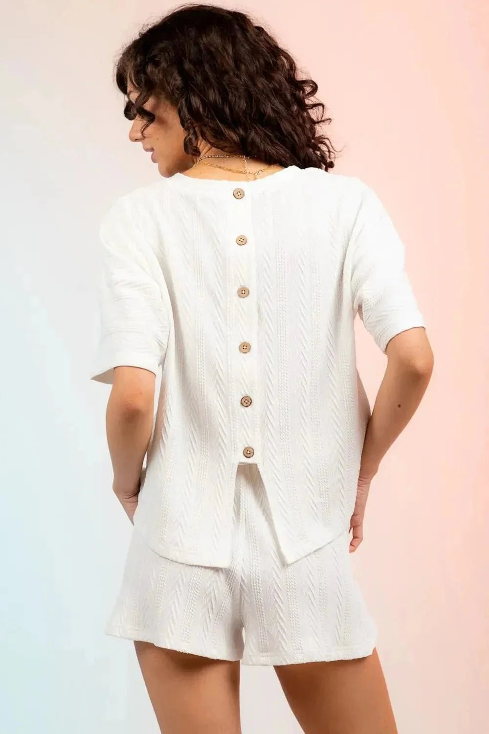 Textured Round Neck Top and Shorts Set - VILLA FASHION