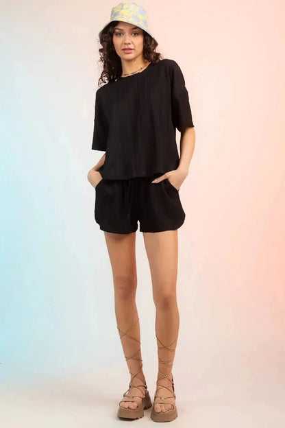 Textured Round Neck Top and Shorts Set - VILLA FASHION