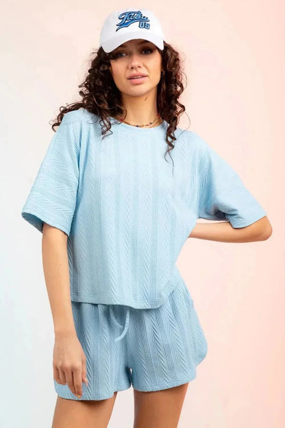 Textured Round Neck Top and Shorts Set - VILLA FASHION