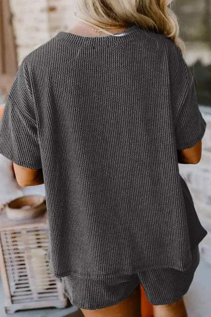 Textured Round Neck Top and Shorts Set - VILLA FASHION