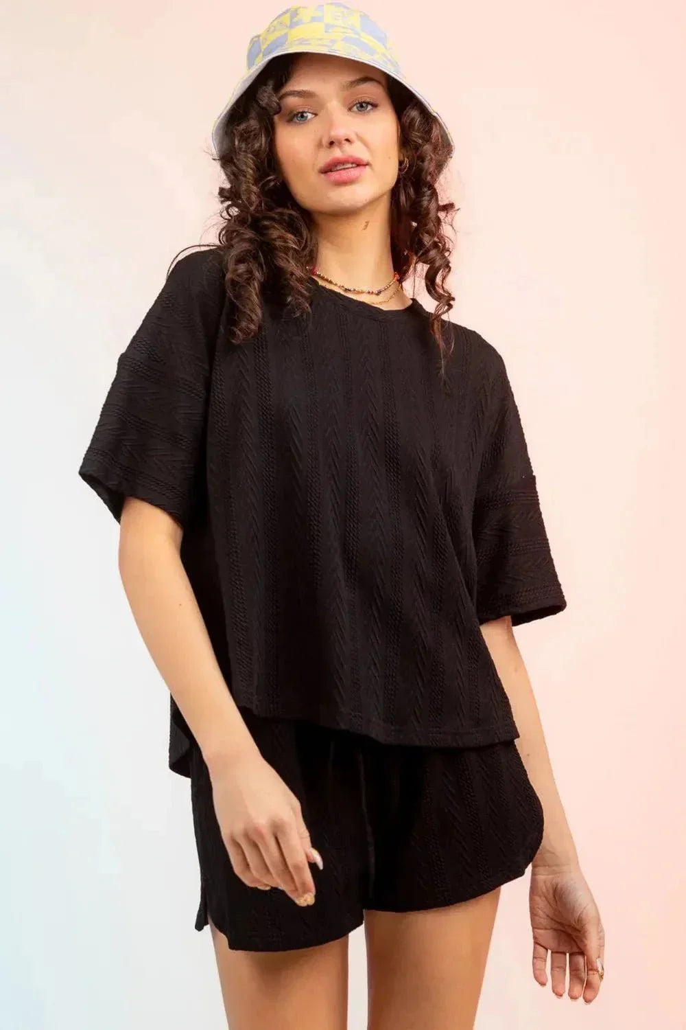 Textured Round Neck Top and Shorts Set - VILLA FASHION