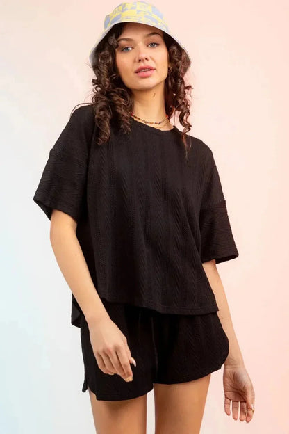Textured Round Neck Top and Shorts Set - VILLA FASHION