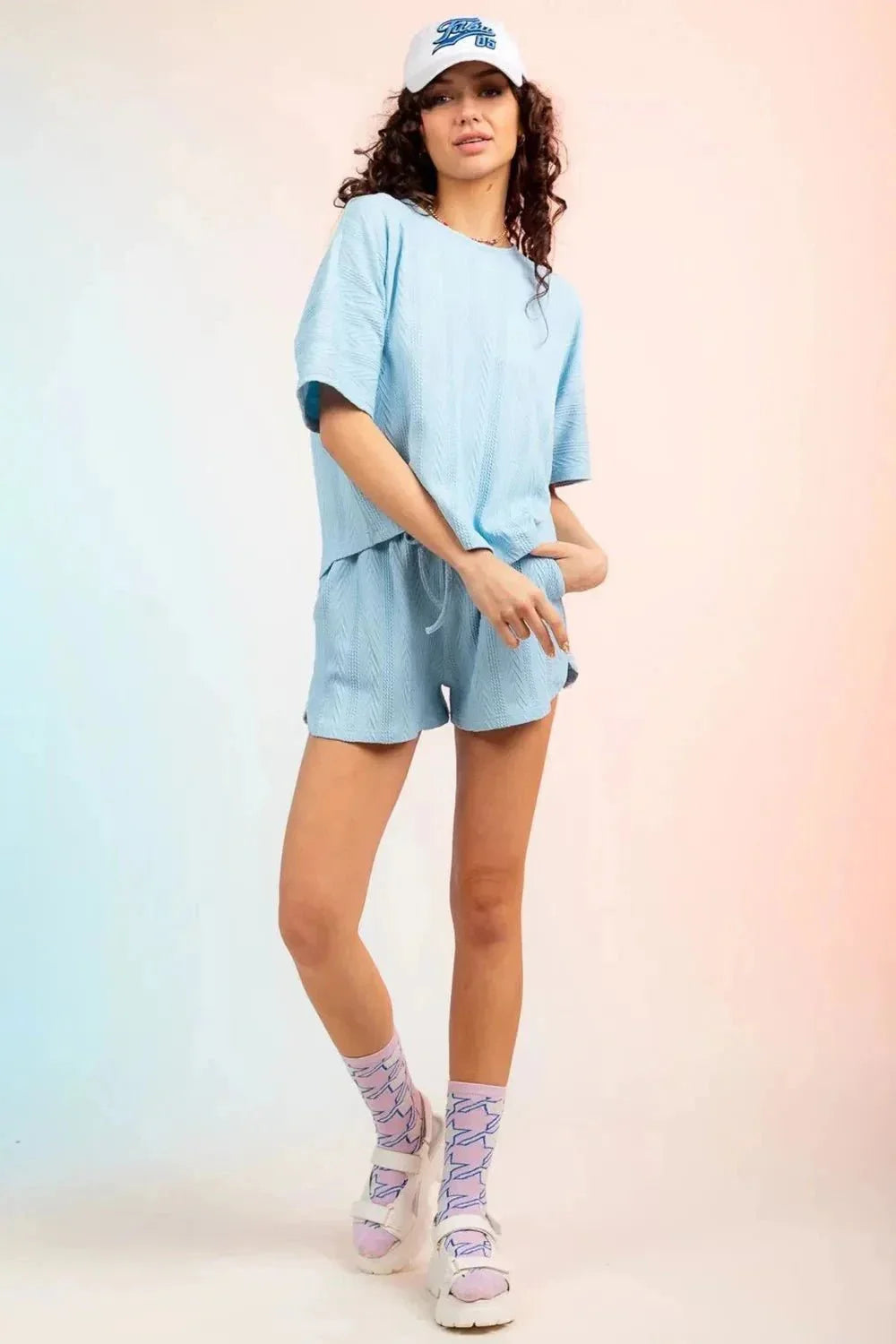 Textured Round Neck Top and Shorts Set - VILLA FASHION