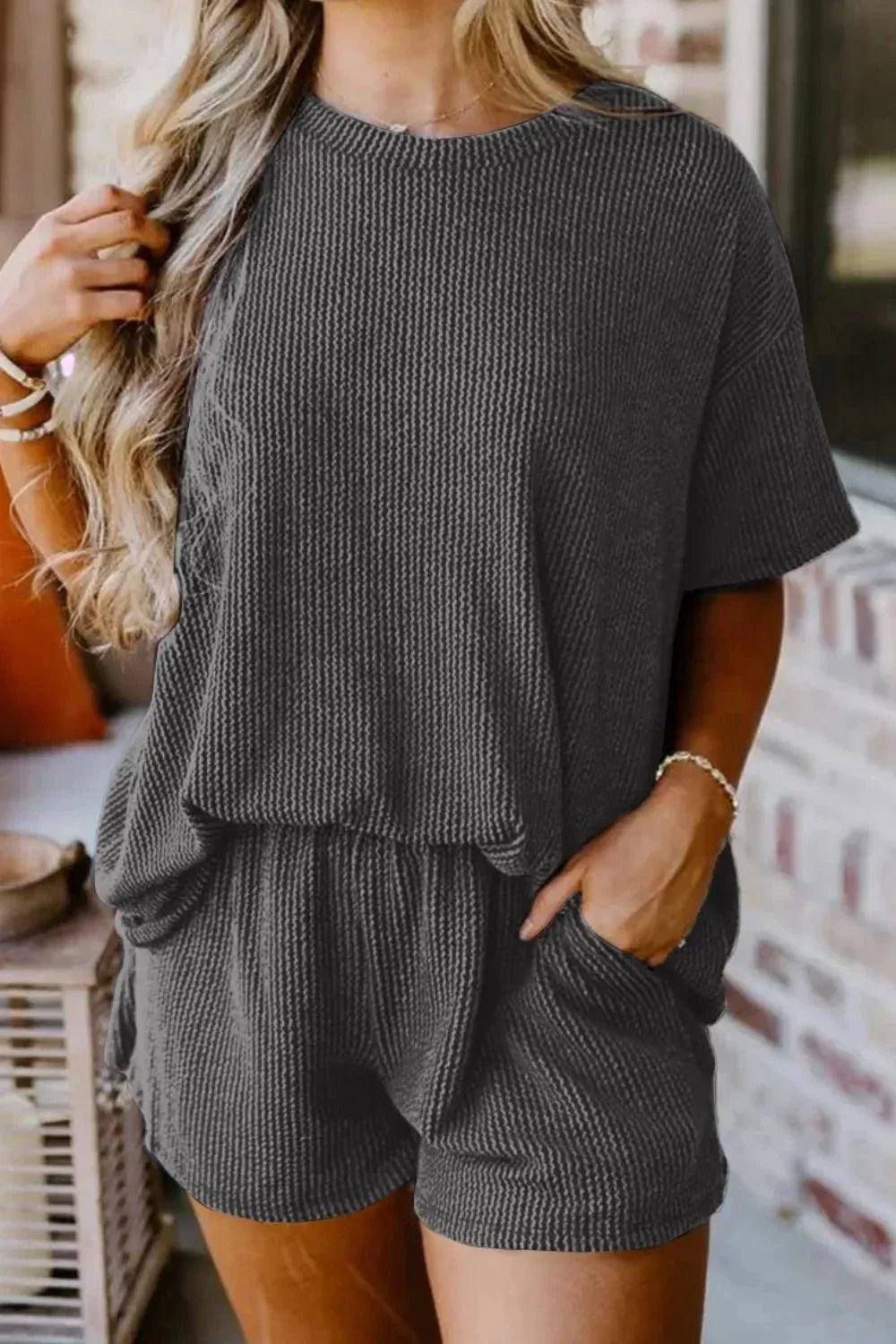 Textured Round Neck Top and Shorts Set - VILLA FASHION