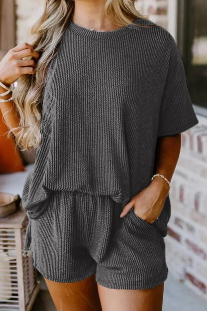 Textured Round Neck Top and Shorts Set - VILLA FASHION