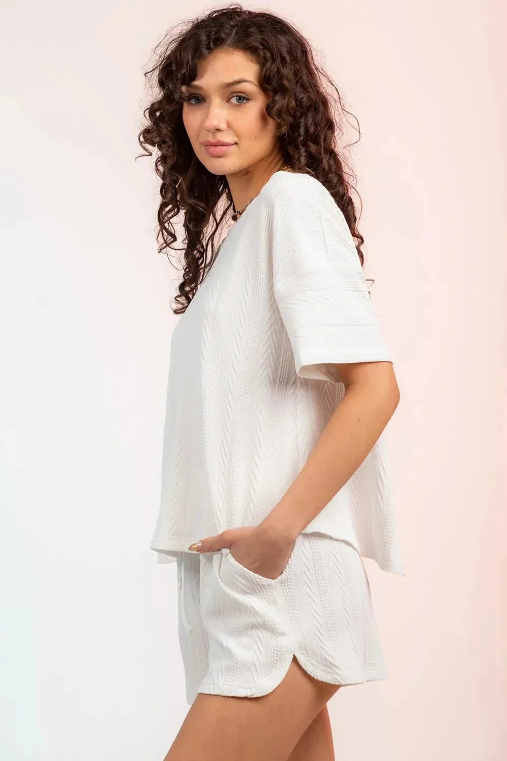 Textured Round Neck Top and Shorts Set - VILLA FASHION