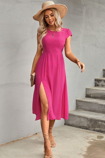 Tie Back Cutout Round Neck Split Dress - VILLA FASHION