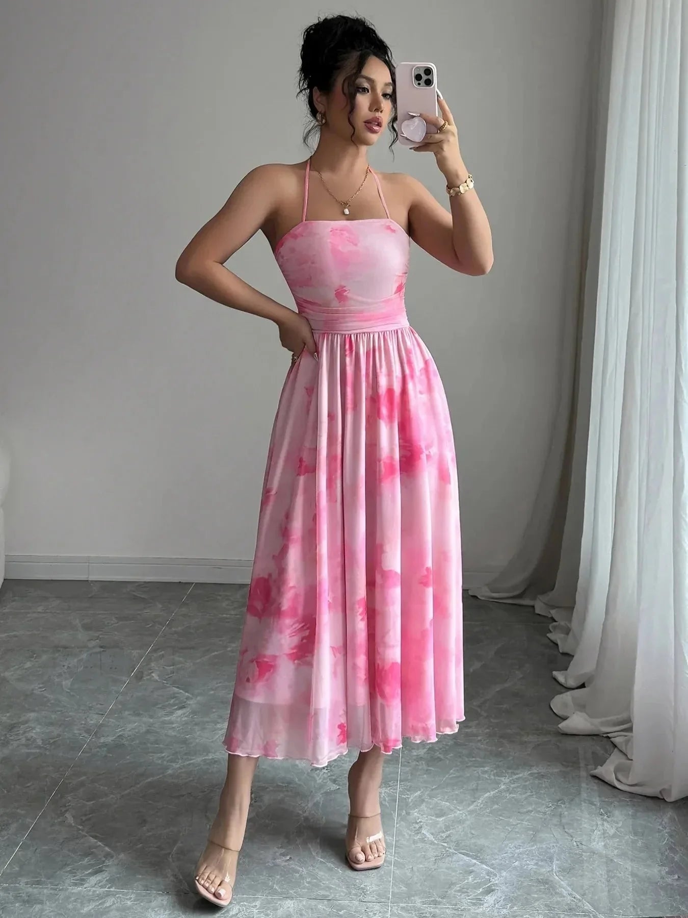 Tie - Dye Halter Sleeveless Midi Dress - VILLA FASHION