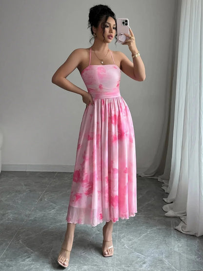 Tie - Dye Halter Sleeveless Midi Dress - VILLA FASHION