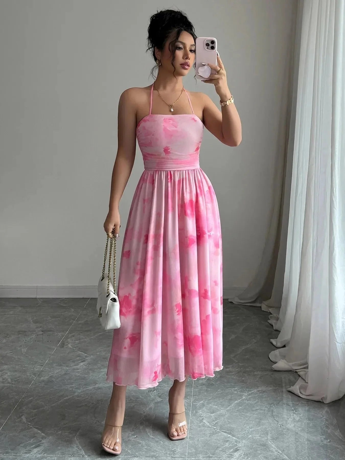 Tie - Dye Halter Sleeveless Midi Dress - VILLA FASHION