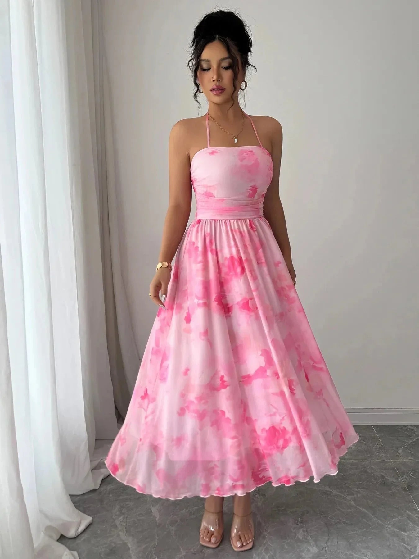 Tie - Dye Halter Sleeveless Midi Dress - VILLA FASHION