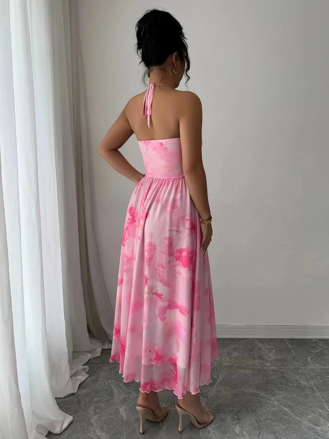 Tie - Dye Halter Sleeveless Midi Dress - VILLA FASHION