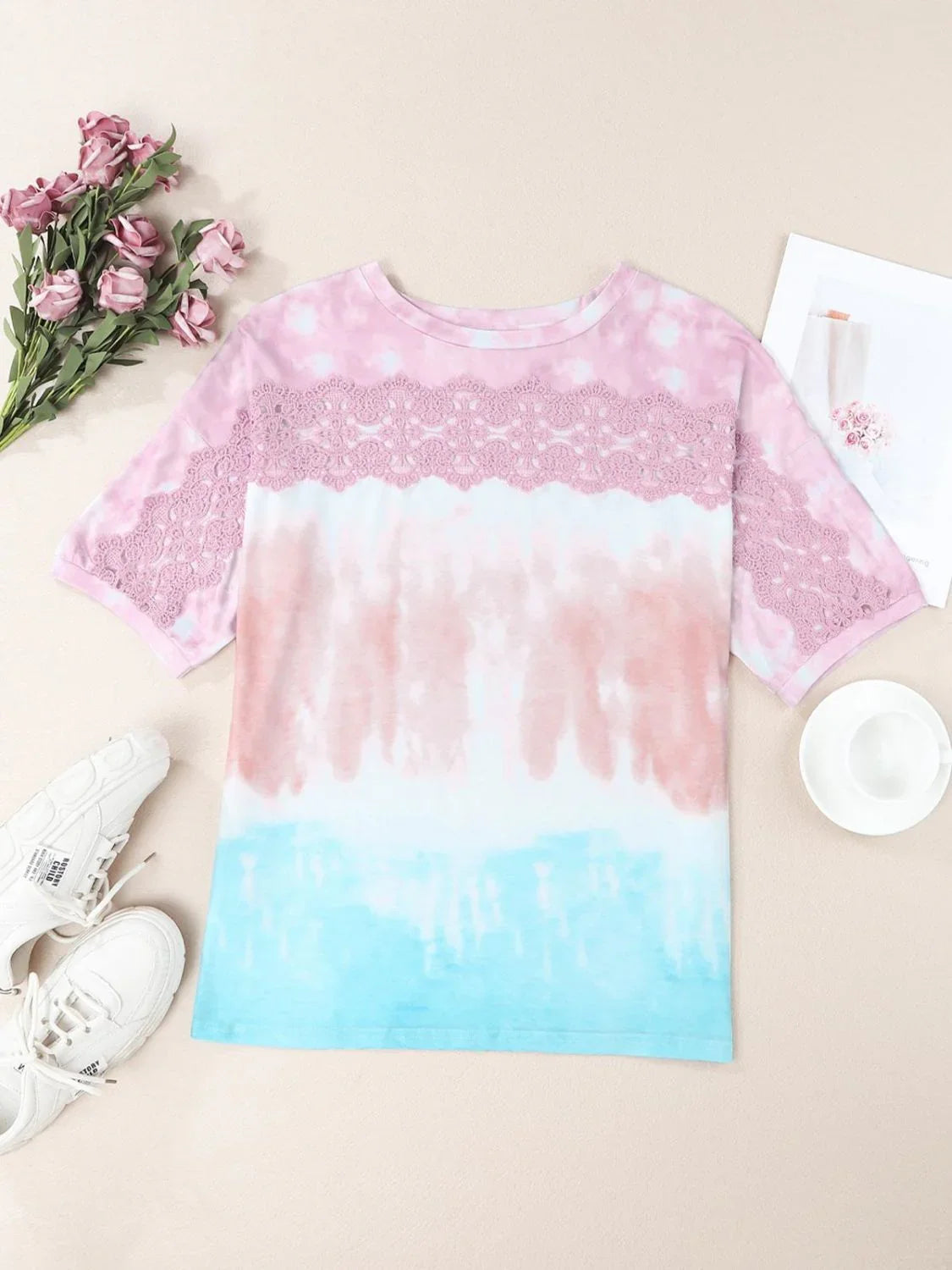 Tie - Dye Lace Trim Round Neck Top - VILLA FASHION