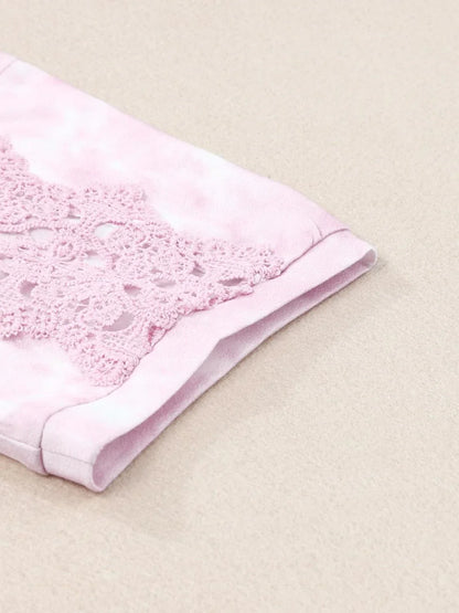 Tie - Dye Lace Trim Round Neck Top - VILLA FASHION