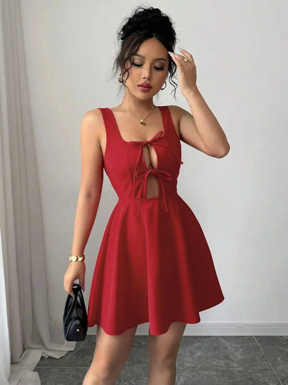 Tie Front Wide Strap Dress - VILLA FASHION