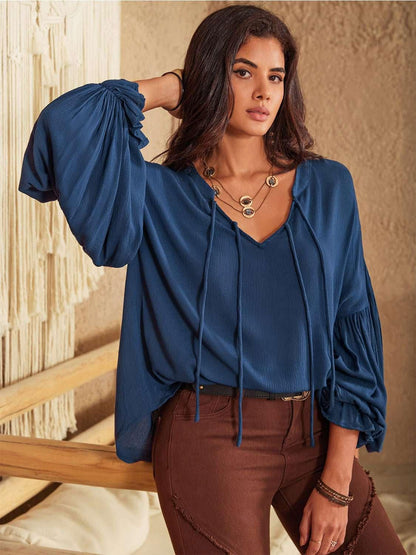 Tie Neck Long Sleeve Blouse - VILLA FASHION
