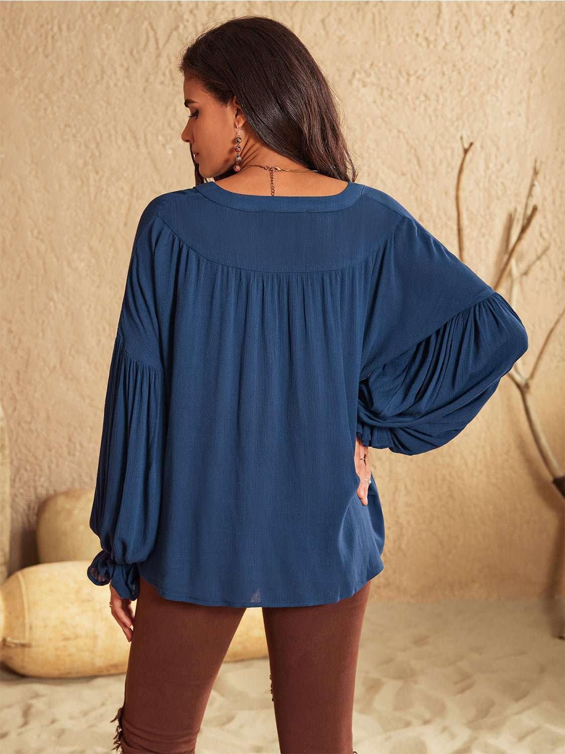 Tie Neck Long Sleeve Blouse - VILLA FASHION