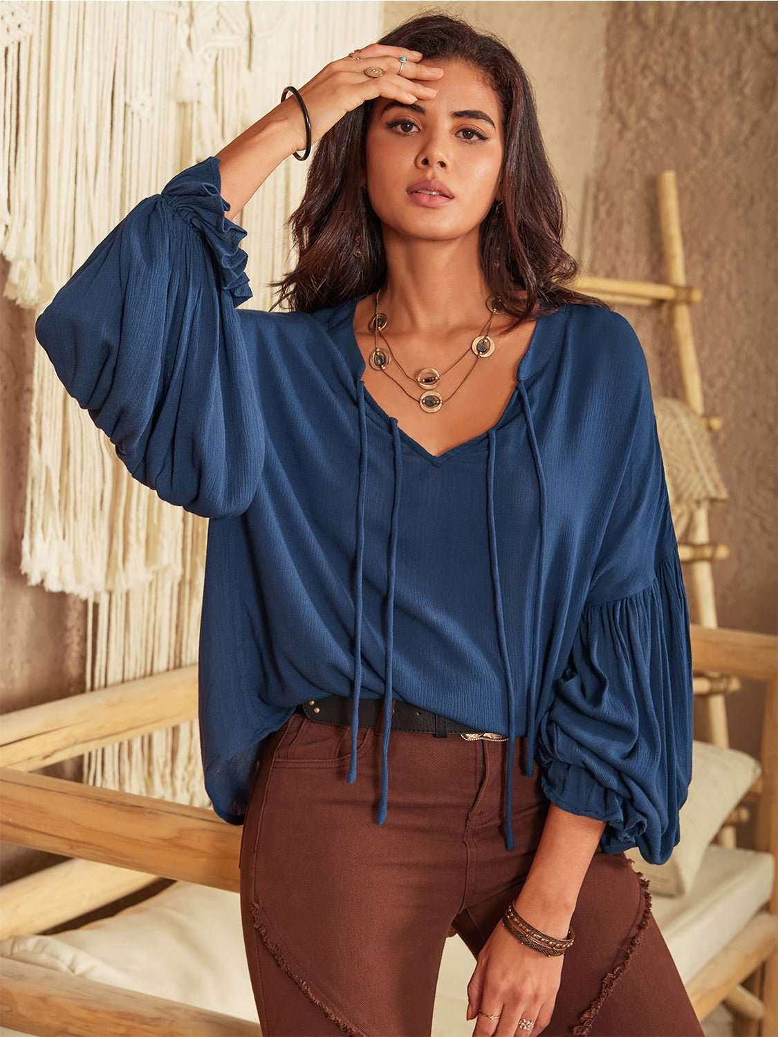 Tie Neck Long Sleeve Blouse - VILLA FASHION