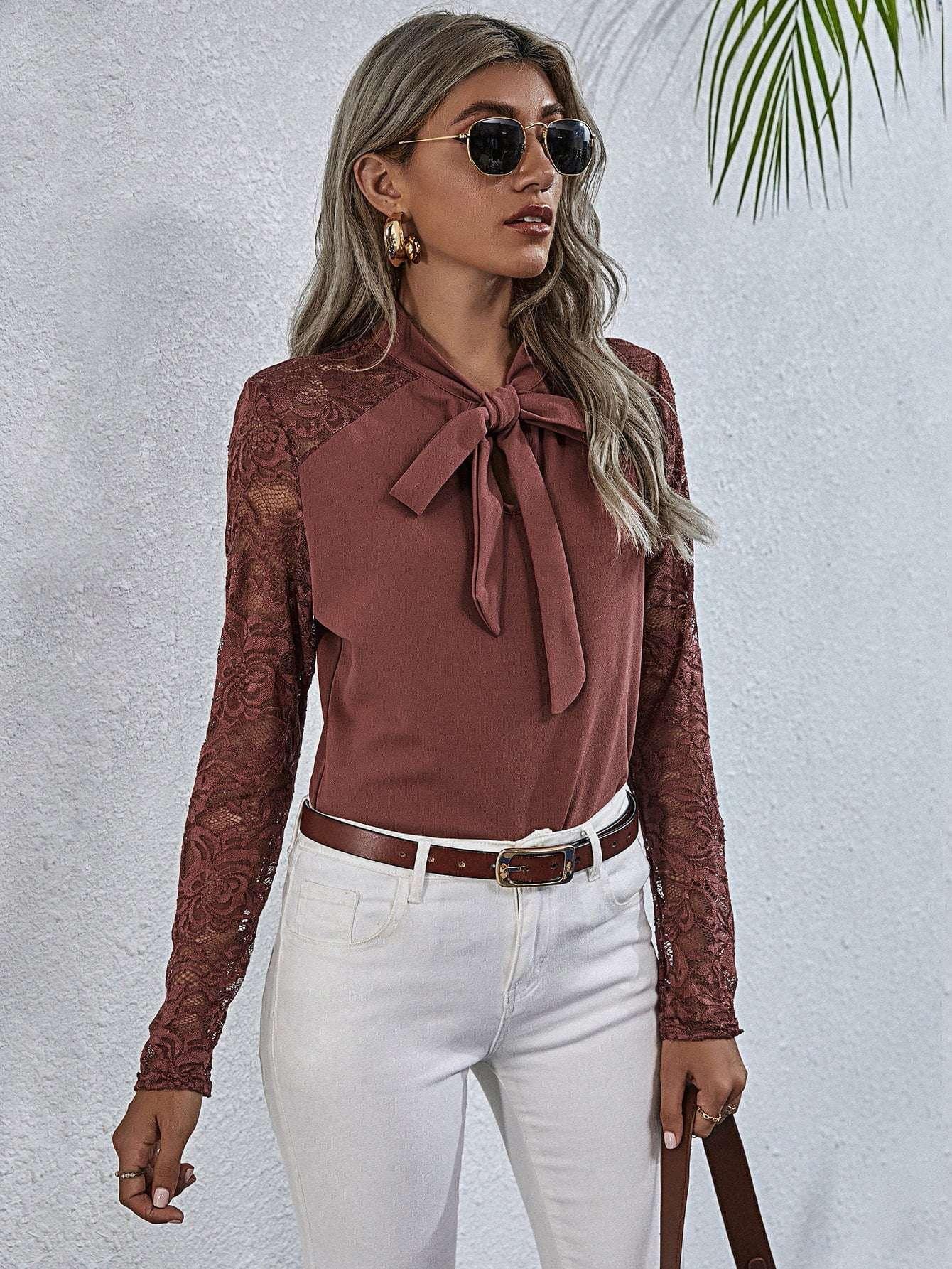 Tie Neck Spliced Lace Long Sleeve Top - VILLA FASHION