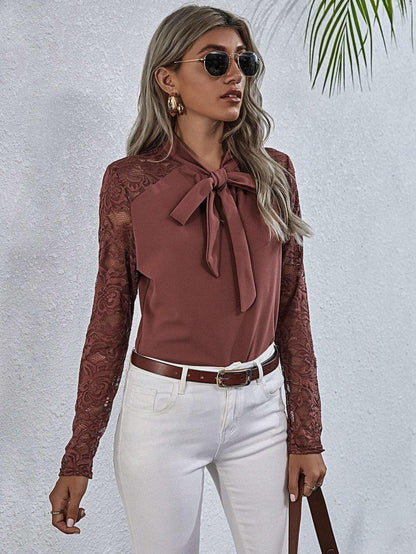Tie Neck Spliced Lace Long Sleeve Top - VILLA FASHION