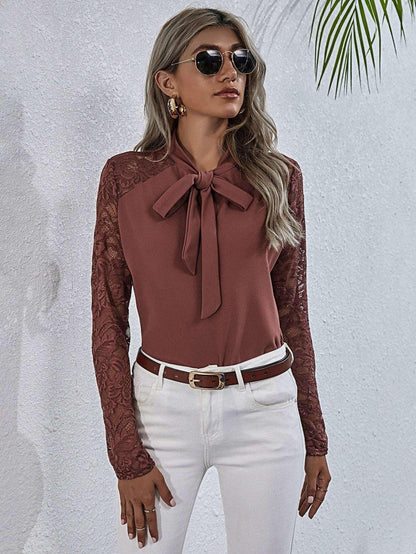 Tie Neck Spliced Lace Long Sleeve Top - VILLA FASHION