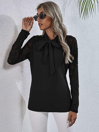 Tie Neck Spliced Lace Long Sleeve Top - VILLA FASHION